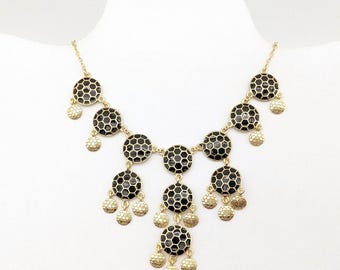 Designer Gold & Black Enamel Bib Necklace - 16-18.5" Adjustable
