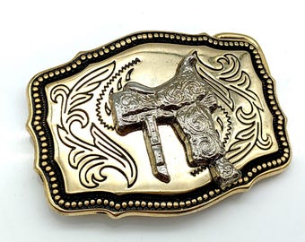 Vintage Silver & Gold Vermeil Western Saddle Belt Buckle