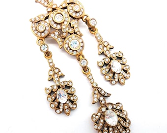 Cadoro Antiqued Gold Tone & Rhinestone Dangle Statement Brooch - 3"