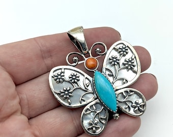 Vintage Carolyn Pollack Veronica Dine Sterling Silver Butterfly Pendant Inlaid With Mother of Pearl, Turquoise & Coral