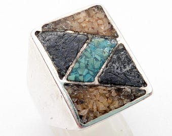 Navajo Crushed Turquoise & Onyx Inlay Ring Signed Prince Trading Co. - Size 8.25