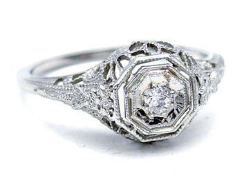 Antique 18k White Gold Filigree Old European Cut Diamond Engagement Ring - Size 6