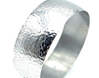 Wide Hammered Sterling Silver Bangle, Lightweight - 8.25"