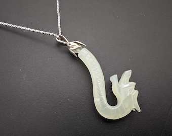 Carved Icy Green Jade Dragon Head & Sterling Silver Pendant Necklace - 18"
