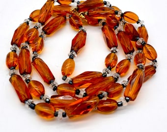 Orange and Black Glass Bead Necklace - 33"