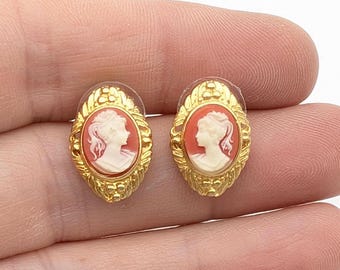Vintage Gold Tone & Pink Cameo Stud Earrings Signed P