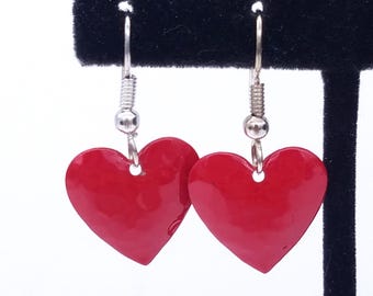Vintage Hammered Red Enamel & Silver Tone Dangle Earrings