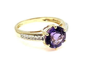 Vintage 14K Gold, Amethyst & Diamond  Solitaire Ring - Size 6