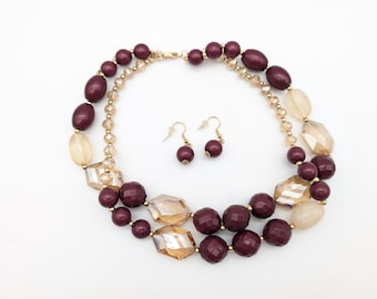 Old Stock Burgundy & Apricot Pink Beaded Necklace and Earrings Set