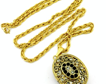 Goldtone Rhinestone Watch Pendant Necklace Signed Vanity Fair- 24"