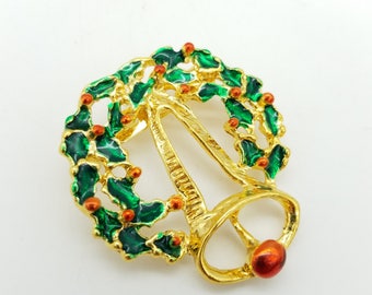 Vintage Red & Green Christmas Wreath Brooch With Gold Bell Center - Old Stock