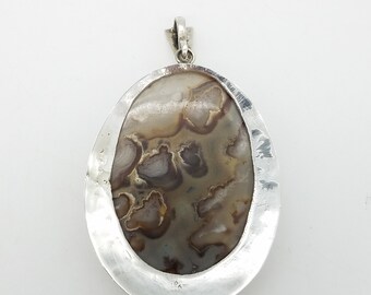 Large Vintage Gray, Beige, Ivory & Brown Crazy Lace Agate and Sterling Silver Pendant Necklace