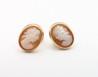 Vintage 14K Yellow Gold & Carved Shell Cameo Stud Earrings