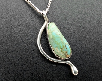 Vintage Sterling Silver & Green Turquoise Pendant Necklace - 22"