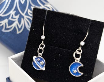Sterling Silver Blue Enamel Moon, Planet & Star Dangle Earrings, Matched or Mismatched