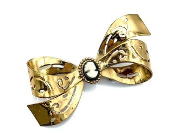 Vintage Signed Coro Gold Tone Faux Cameo Bow Brooch - 2.5"