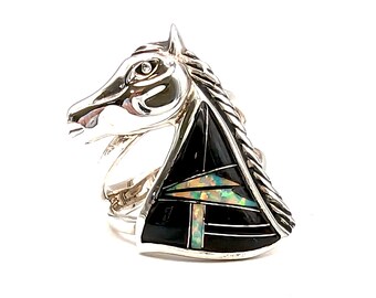 Sterling Silver Onyx & Opal Inlay Horse Head Ring Size 6