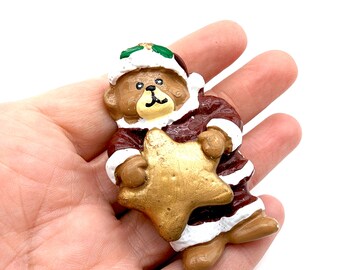 Vintage Hand-Painted Ceramic Christmas Santa Bear Brooch