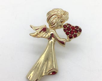 Vintage IVV Gold Tone & Enamel Angel Holding Candle Brooch