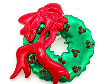 Red & Green Christmas Wreath Brooch, Red Bow Pin, Holiday Jewelry, Old Stock