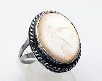 Etched Eagle Mother of Pearl & Sterling Silver Ring - Size 7