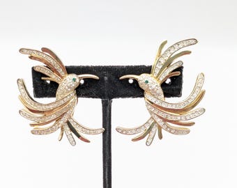 14k Gold Plated Erwin Pearl Rhinestone Hummingbird Statement Clip Earrings