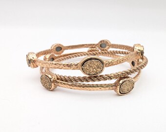 Set of 3 Vintage Rose Gold Plated Bronze Bangles