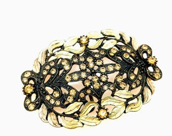 Vintage Bronze & Rhinestone Ladies Belt Buckle With Leaf Design