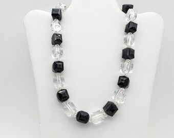 Chunky Sterling Silver and Black & Clear Lucite Bead Necklace