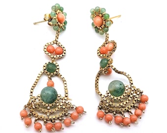 Vintage 12k Gold-Filled Beaded Coral & Jade Dangle Earrings - 2"