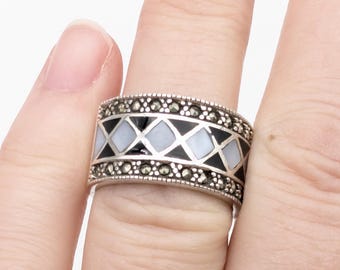 Sterling Silver, Marcasite, Onyx, & MOP Cigar Band Ring - Size 8