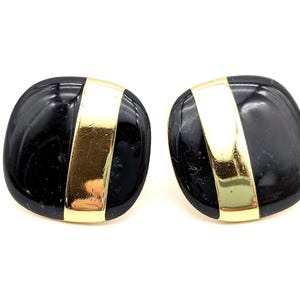 Vintage Monet Gold Tone & Black Enamel Clip On Earrings - 7/8&quot;