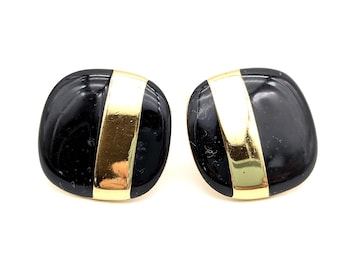 Vintage Monet Gold Tone & Black Enamel Clip On Earrings - 7/8"