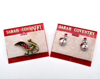 Vintage Sarah Coventry Holiday Jewelry - Sleigh Pin & Snowman Earrings