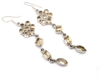 Vintage Sterling Silver & Citrine Floral Statement Dangle Earrings - 3.25"