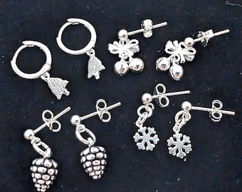 Sterling Silver Holiday Dangle Earrings, Set of Four Pairs: Pinecone, Bell, Snowflake, Christmas Tree