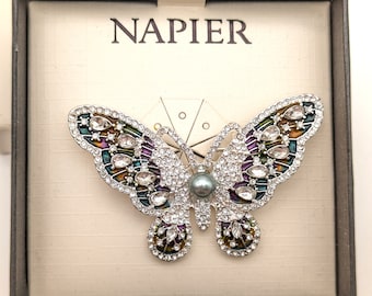 Vintage Silver & Blue Rhinestone Faux Pearl Butterfly Brooch Signed Napier in Original Box