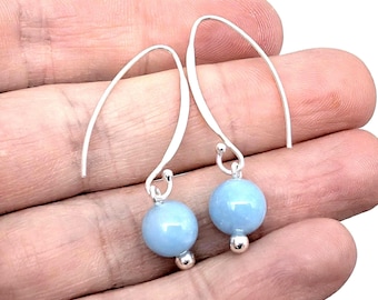 Sterling Silver Aquamarine Bead Earrings; Dangle Earrings, Threader Ear Wire, Natural Stone