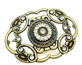 Ornate Rhinestone Studded Brass Belt Buckle