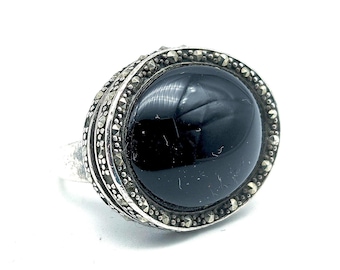 Huge Sterling Silver, Black Onyx & Marcasite Statement Ring - Size 7