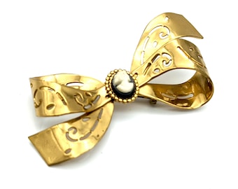 Vintage Signed Coro Gold Tone Faux Cameo Bow Brooch - 2.5"