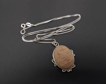 Vintage Sterling Silver &  Brown Jasper Pendant Necklace - 24"
