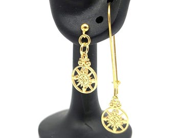 18K Gold Vermeil Compass Rose Dangle Earrings; CZ Earrings, Sterling Silver