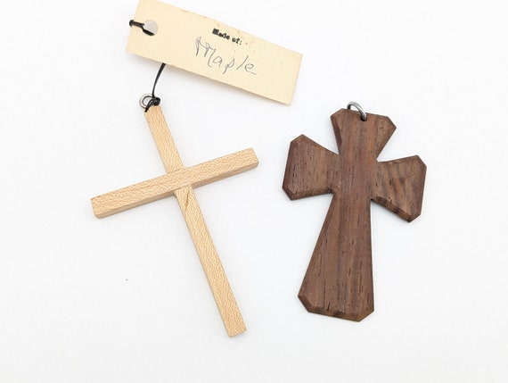 Two Large Vintage Handmade Wood Cross Pendants - image 1