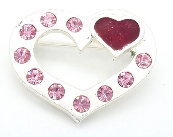 Vintage Red & Pink Rhinestone Silvery White Heart Valentine's Brooch - Old Stock, New Condition
