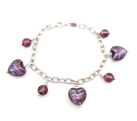 Vintage Sterling Silver & Purple Art Glass Heart … - image 1