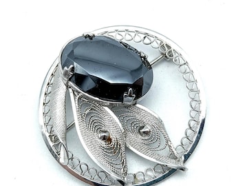 Sterling Silver & Hematite Floral Circle Brooch