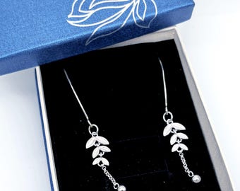 Long Sterling Silver Leaf Tassel Earrings; Dangle Earrings, Wheat Earrings