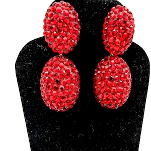 Signed Richard Kerr Pave Red Crystal Clip Dangle Earrings - 2.5&quot;