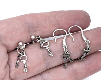 Oxidized Sterling Silver Antique Key Charm Earrings: Antiqued Charm, Key Earrings